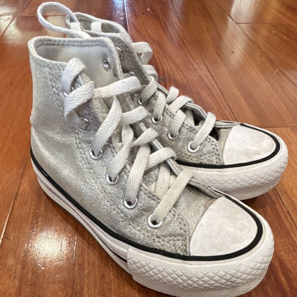 Converse Chuck Taylor All Star Hi Kids Silver Glitter Canvas High Top Sz 11.5